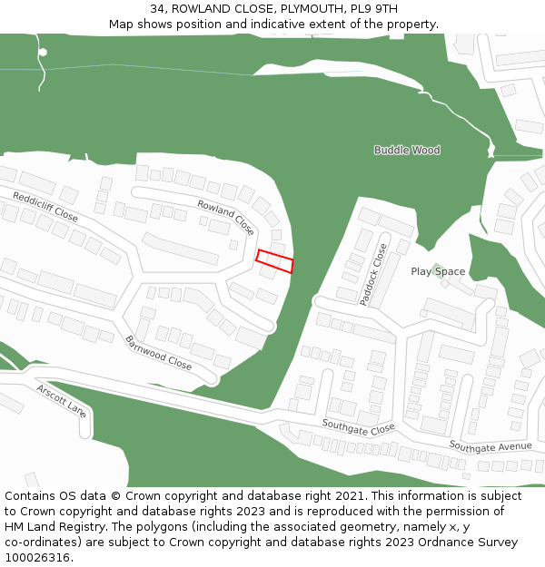 34, ROWLAND CLOSE, PLYMOUTH, PL9 9TH: Location map and indicative extent of plot
