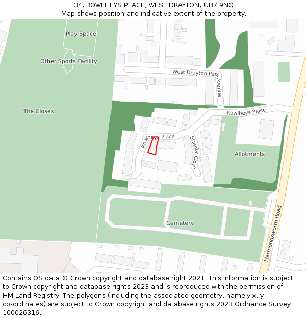 34, ROWLHEYS PLACE, WEST DRAYTON, UB7 9NQ: Location map and indicative extent of plot