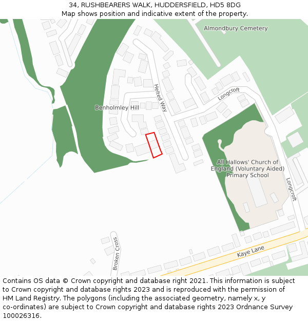 34, RUSHBEARERS WALK, HUDDERSFIELD, HD5 8DG: Location map and indicative extent of plot