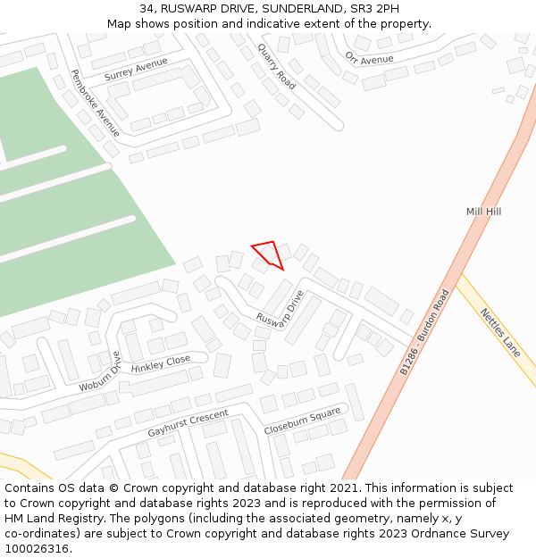 34, RUSWARP DRIVE, SUNDERLAND, SR3 2PH: Location map and indicative extent of plot