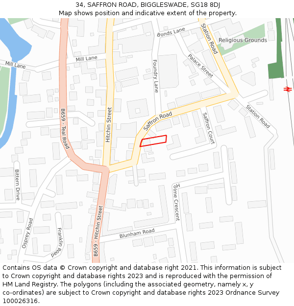 34, SAFFRON ROAD, BIGGLESWADE, SG18 8DJ: Location map and indicative extent of plot