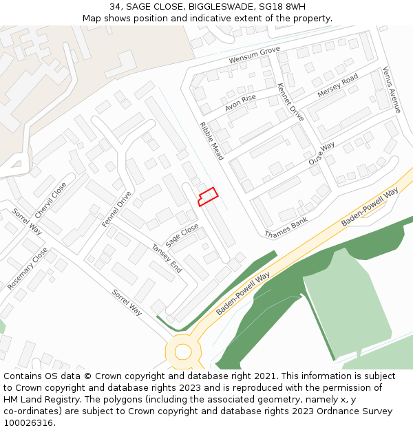 34, SAGE CLOSE, BIGGLESWADE, SG18 8WH: Location map and indicative extent of plot