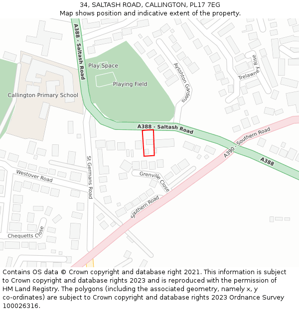 34, SALTASH ROAD, CALLINGTON, PL17 7EG: Location map and indicative extent of plot