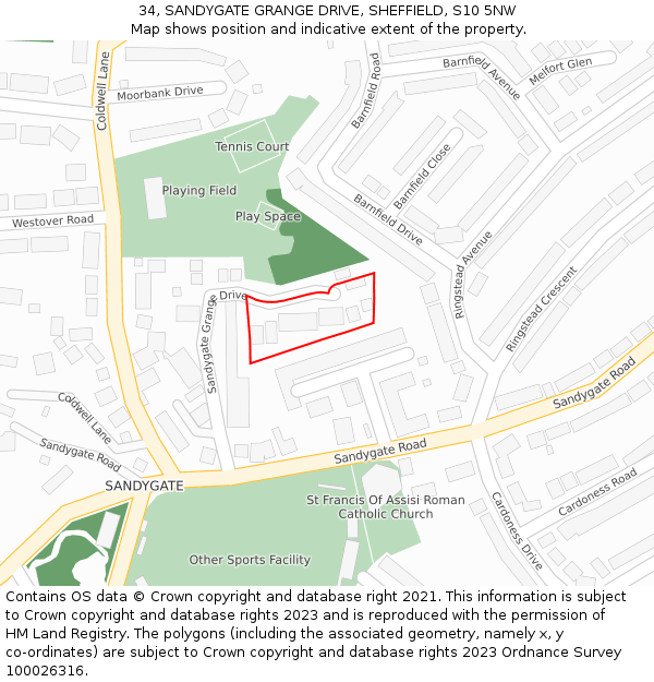 34, SANDYGATE GRANGE DRIVE, SHEFFIELD, S10 5NW: Location map and indicative extent of plot