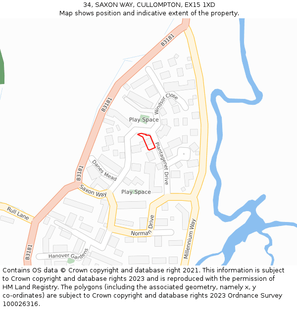 34, SAXON WAY, CULLOMPTON, EX15 1XD: Location map and indicative extent of plot