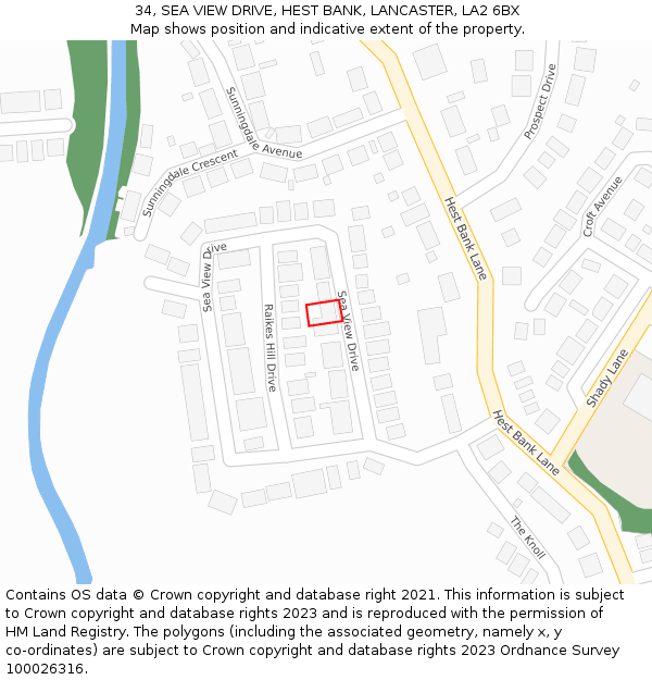 34, SEA VIEW DRIVE, HEST BANK, LANCASTER, LA2 6BX: Location map and indicative extent of plot