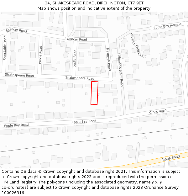 34, SHAKESPEARE ROAD, BIRCHINGTON, CT7 9ET: Location map and indicative extent of plot