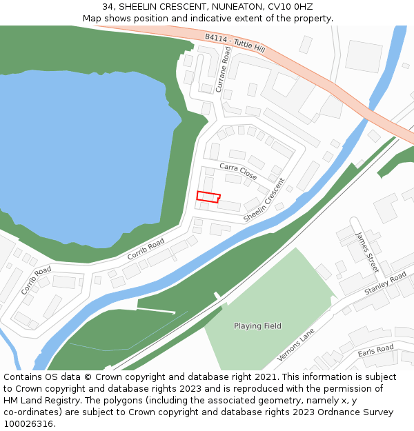 34, SHEELIN CRESCENT, NUNEATON, CV10 0HZ: Location map and indicative extent of plot