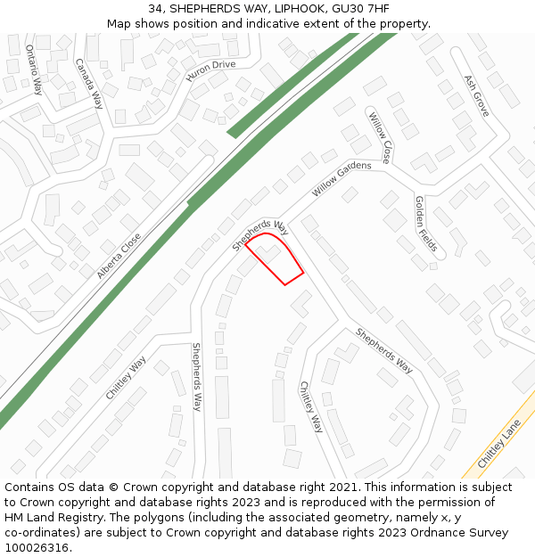 34, SHEPHERDS WAY, LIPHOOK, GU30 7HF: Location map and indicative extent of plot