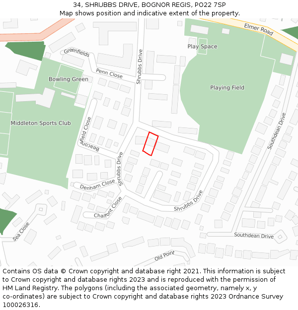 34, SHRUBBS DRIVE, BOGNOR REGIS, PO22 7SP: Location map and indicative extent of plot