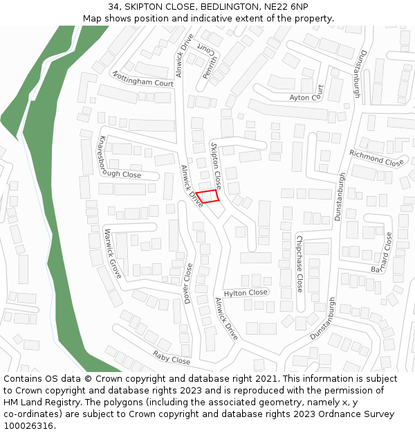 34, SKIPTON CLOSE, BEDLINGTON, NE22 6NP: Location map and indicative extent of plot