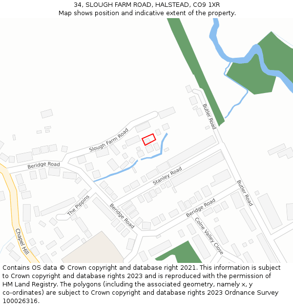 34, SLOUGH FARM ROAD, HALSTEAD, CO9 1XR: Location map and indicative extent of plot