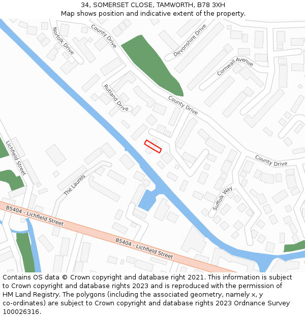 34, SOMERSET CLOSE, TAMWORTH, B78 3XH: Location map and indicative extent of plot