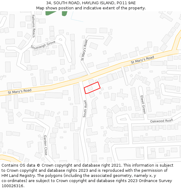 34, SOUTH ROAD, HAYLING ISLAND, PO11 9AE: Location map and indicative extent of plot