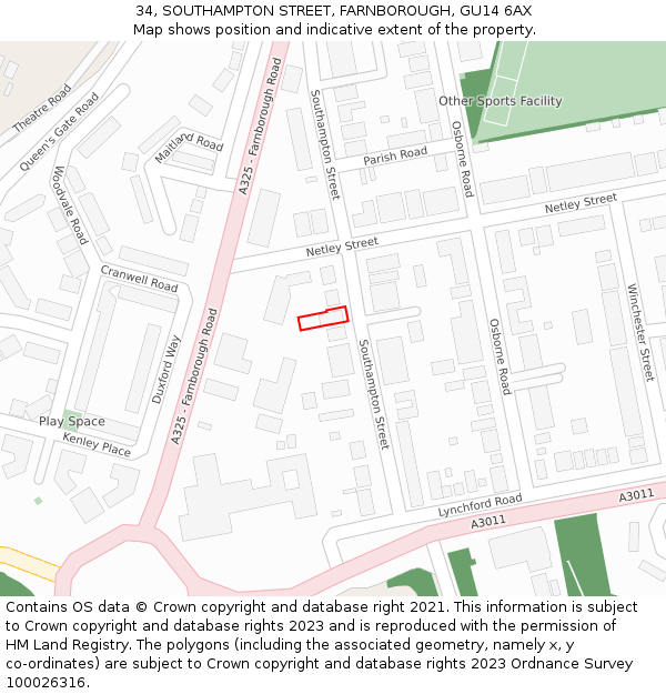 34, SOUTHAMPTON STREET, FARNBOROUGH, GU14 6AX: Location map and indicative extent of plot