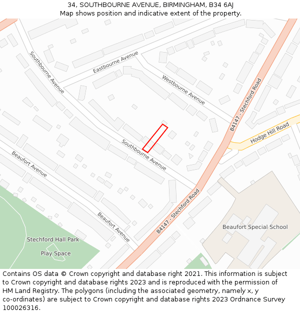 34, SOUTHBOURNE AVENUE, BIRMINGHAM, B34 6AJ: Location map and indicative extent of plot