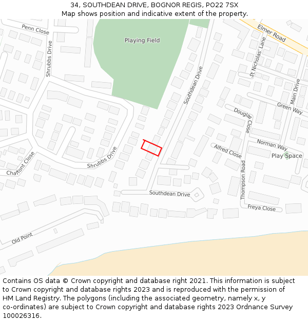 34, SOUTHDEAN DRIVE, BOGNOR REGIS, PO22 7SX: Location map and indicative extent of plot