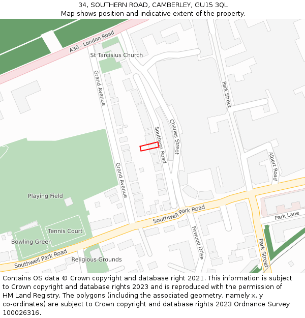 34, SOUTHERN ROAD, CAMBERLEY, GU15 3QL: Location map and indicative extent of plot