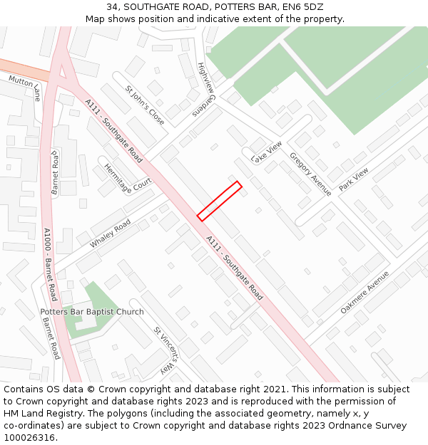34, SOUTHGATE ROAD, POTTERS BAR, EN6 5DZ: Location map and indicative extent of plot