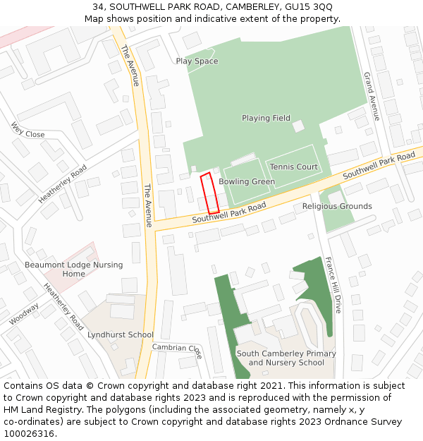 34, SOUTHWELL PARK ROAD, CAMBERLEY, GU15 3QQ: Location map and indicative extent of plot