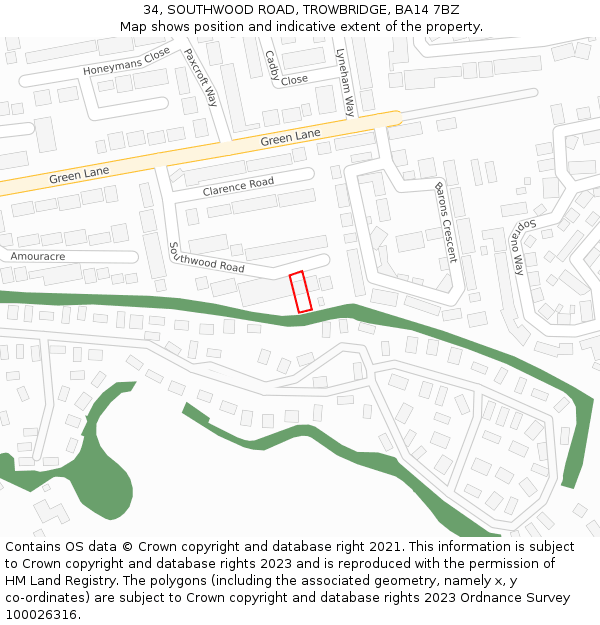 34, SOUTHWOOD ROAD, TROWBRIDGE, BA14 7BZ: Location map and indicative extent of plot
