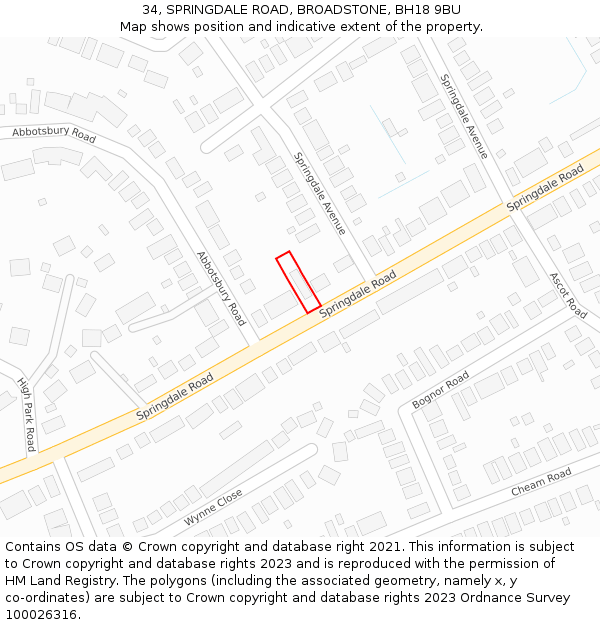 34, SPRINGDALE ROAD, BROADSTONE, BH18 9BU: Location map and indicative extent of plot