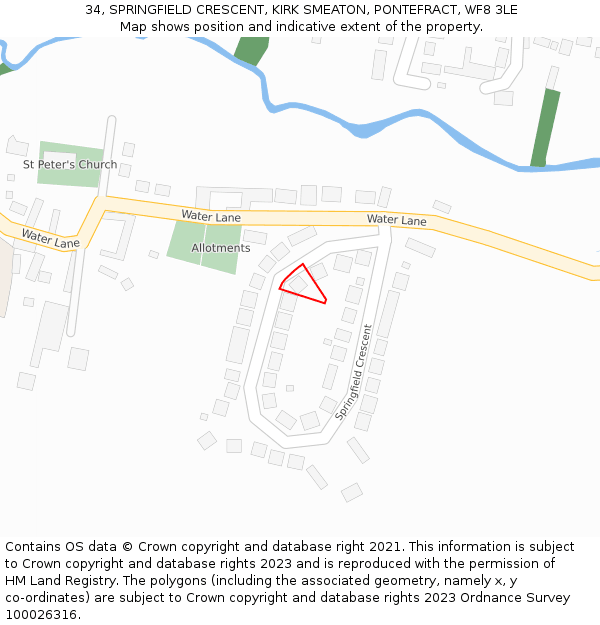 34, SPRINGFIELD CRESCENT, KIRK SMEATON, PONTEFRACT, WF8 3LE: Location map and indicative extent of plot