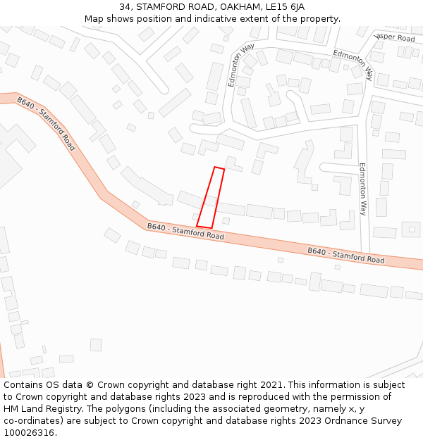 34, STAMFORD ROAD, OAKHAM, LE15 6JA: Location map and indicative extent of plot