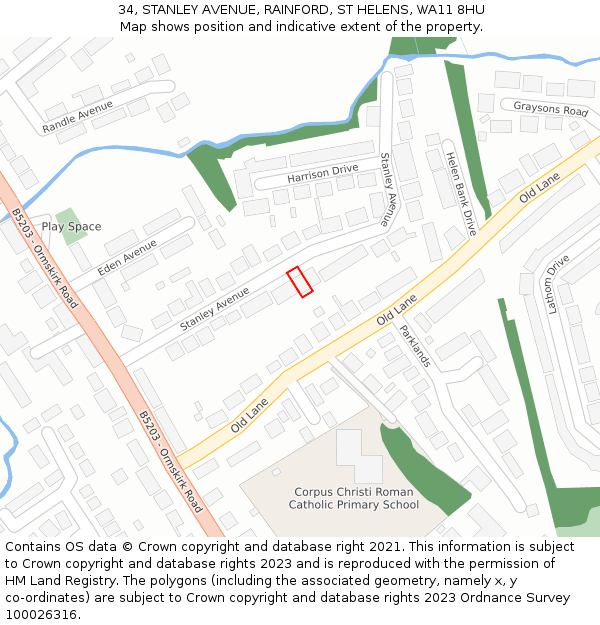 34, STANLEY AVENUE, RAINFORD, ST HELENS, WA11 8HU: Location map and indicative extent of plot