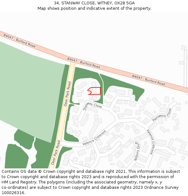 34, STANWAY CLOSE, WITNEY, OX28 5GA: Location map and indicative extent of plot