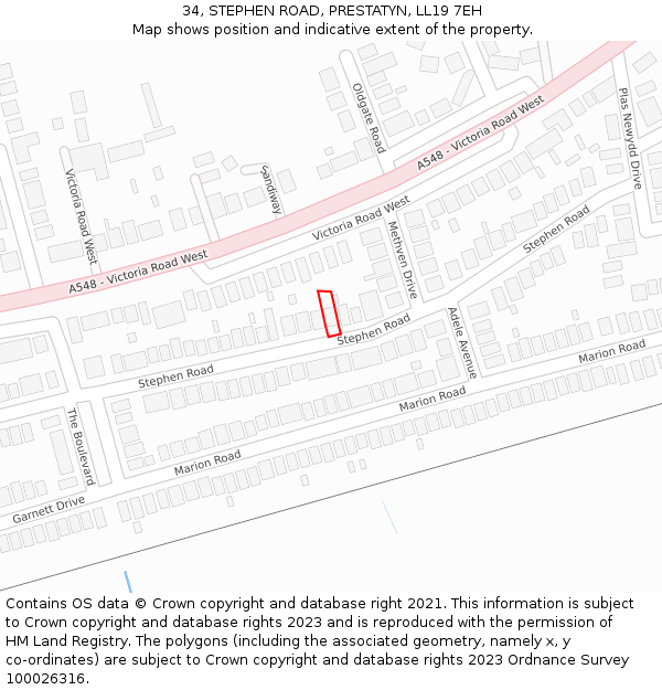 34, STEPHEN ROAD, PRESTATYN, LL19 7EH: Location map and indicative extent of plot