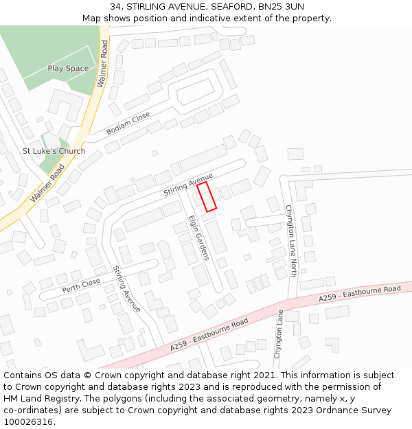 34, STIRLING AVENUE, SEAFORD, BN25 3UN: Location map and indicative extent of plot