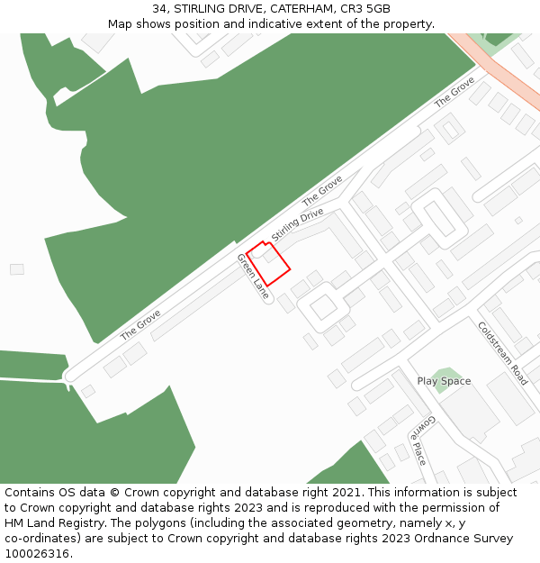 34, STIRLING DRIVE, CATERHAM, CR3 5GB: Location map and indicative extent of plot