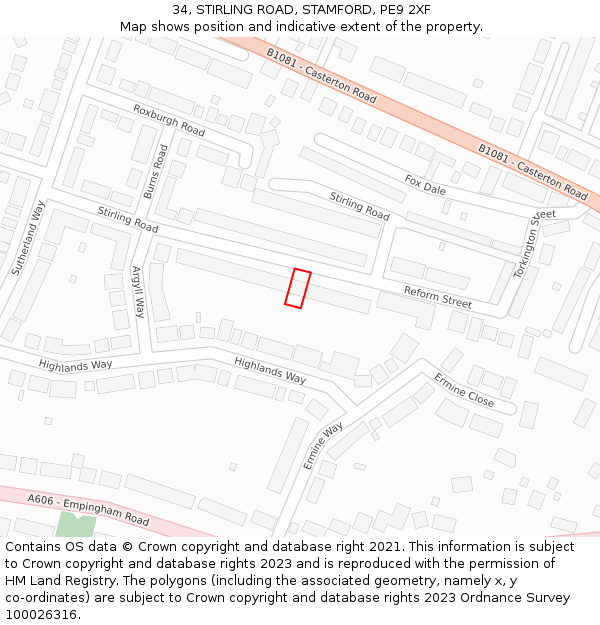 34, STIRLING ROAD, STAMFORD, PE9 2XF: Location map and indicative extent of plot