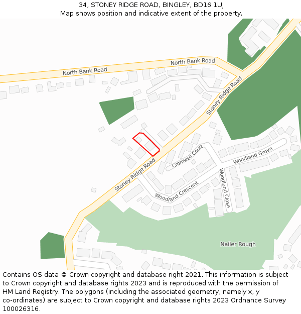 34, STONEY RIDGE ROAD, BINGLEY, BD16 1UJ: Location map and indicative extent of plot