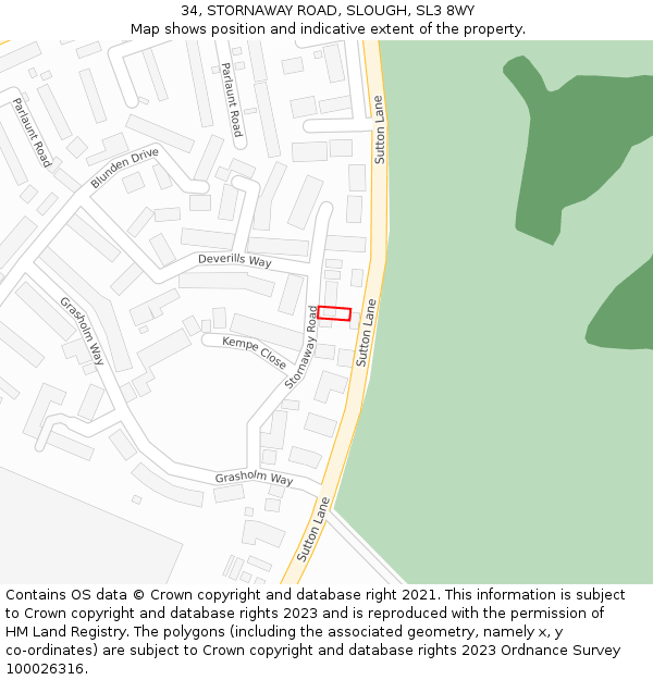 34, STORNAWAY ROAD, SLOUGH, SL3 8WY: Location map and indicative extent of plot