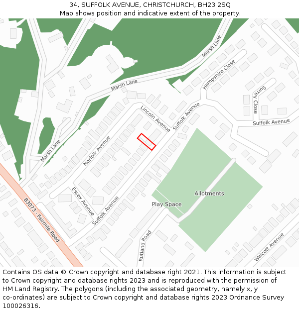 34, SUFFOLK AVENUE, CHRISTCHURCH, BH23 2SQ: Location map and indicative extent of plot