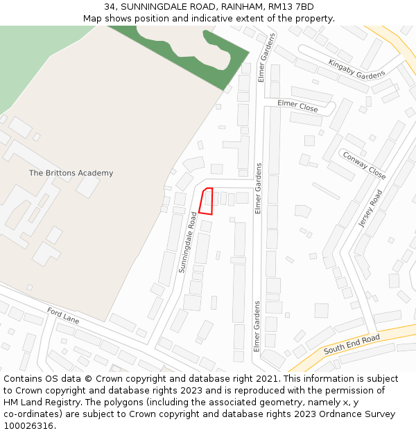34, SUNNINGDALE ROAD, RAINHAM, RM13 7BD: Location map and indicative extent of plot