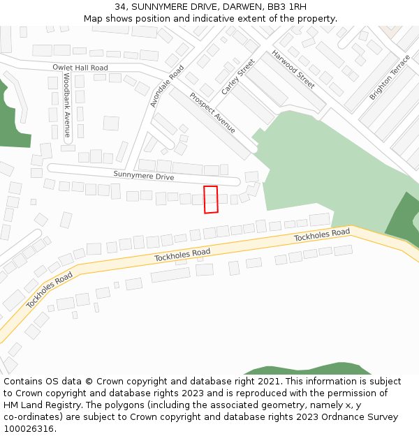 34, SUNNYMERE DRIVE, DARWEN, BB3 1RH: Location map and indicative extent of plot