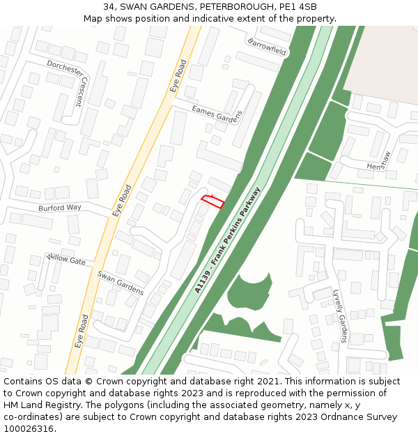 34, SWAN GARDENS, PETERBOROUGH, PE1 4SB: Location map and indicative extent of plot