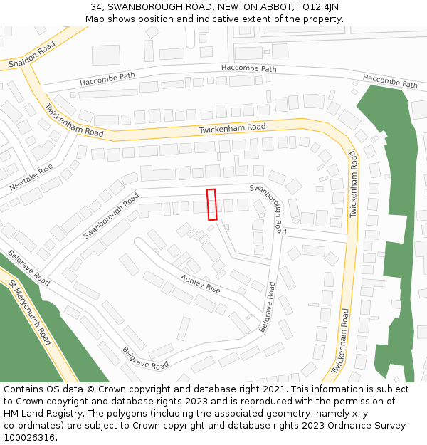 34, SWANBOROUGH ROAD, NEWTON ABBOT, TQ12 4JN: Location map and indicative extent of plot