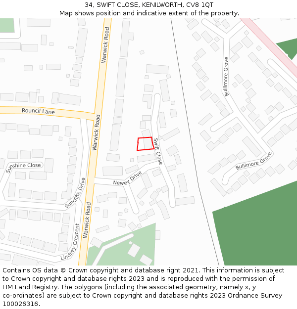34, SWIFT CLOSE, KENILWORTH, CV8 1QT: Location map and indicative extent of plot