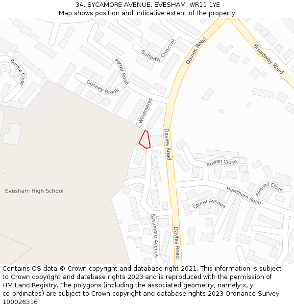34, SYCAMORE AVENUE, EVESHAM, WR11 1YE: Location map and indicative extent of plot