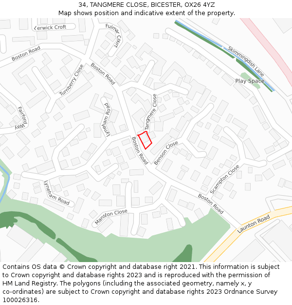 34, TANGMERE CLOSE, BICESTER, OX26 4YZ: Location map and indicative extent of plot