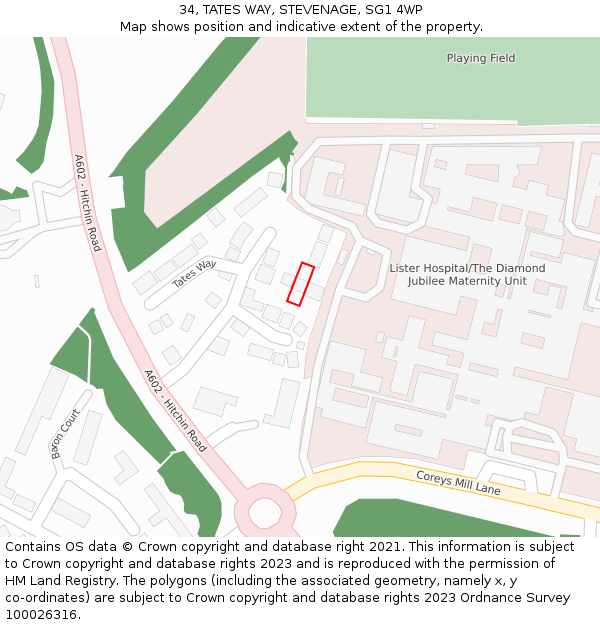 34, TATES WAY, STEVENAGE, SG1 4WP: Location map and indicative extent of plot