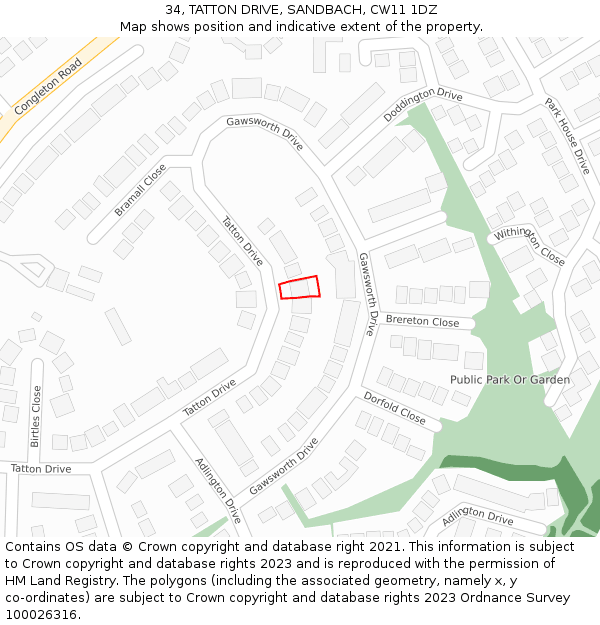 34, TATTON DRIVE, SANDBACH, CW11 1DZ: Location map and indicative extent of plot