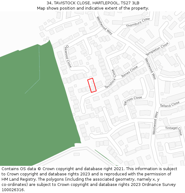 34, TAVISTOCK CLOSE, HARTLEPOOL, TS27 3LB: Location map and indicative extent of plot