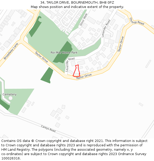 34, TAYLOR DRIVE, BOURNEMOUTH, BH8 0PZ: Location map and indicative extent of plot