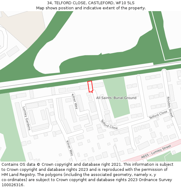 34, TELFORD CLOSE, CASTLEFORD, WF10 5LS: Location map and indicative extent of plot