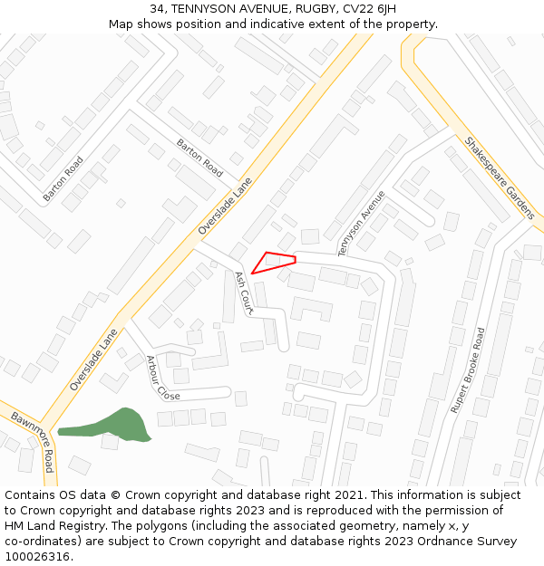 34, TENNYSON AVENUE, RUGBY, CV22 6JH: Location map and indicative extent of plot